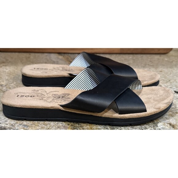 IZOD Sandals Womens 10  Alyssa Faux Leather Criss Cross Strap Slide Black - Picture 3 of 8